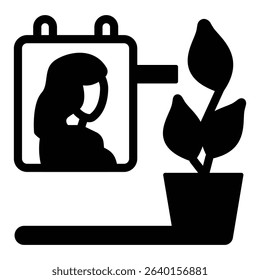 Flower pot with picture of girl solid icon, exhibition concept. Vector graphics. Woman wall portrait and pot with plant sign on white background, style mobile or design