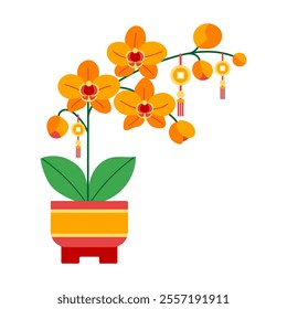 A flower pot with a plant in it. The plant is orange and has green leaves. There are some decorations on the plant