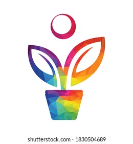 Flower Pot And Plant Logo. Human Growth Vector Logo.