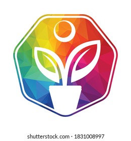 Flower Pot And Plant Logo. Human Growth Vector Logo.