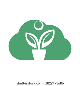 Flower Pot And Plant Logo on Cloud. Human Growth Vector Logo.