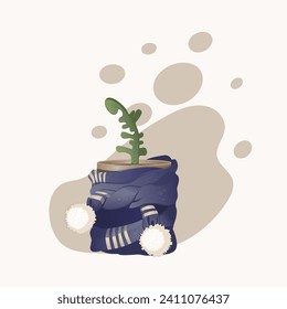 The flower pot with a plant is wrapped in a blue scarf with pompoms Vector