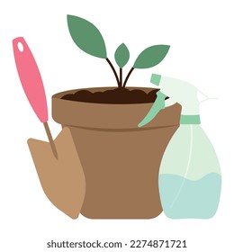 Flower pot, planting scoop and pulverizer. Flat vector illustration