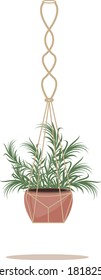 Flower in a pot pots macrame, modern Scandinavian style. Hanging plant, interior decor. Vector illustration