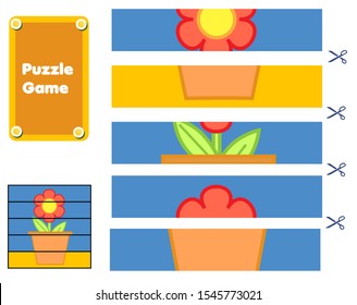 Flower and pot. Puzzle for toddlers. Match pieces and complete the picture. Educational children game, kids sctivity page
