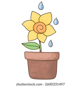 Flower in a pot with raindrops falling on it