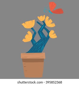 Flower in pot and red butterfly