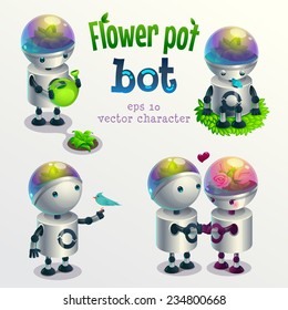Flower pot robot. Set of vector characters in different poses. Isolated on white background.