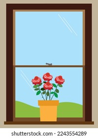 A flower pot with roses is sitting in a window