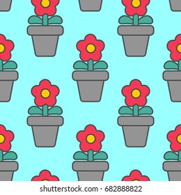 Flower in pot seamless pattern. Homemade plant red flower texture. Ornament for cloth