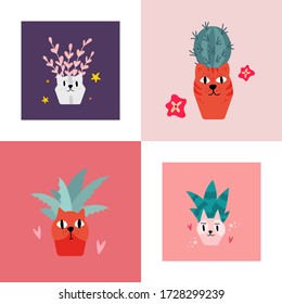 Flower pot set in the shape of white and red cat with home plant in scandinavian style. Unique hand drawn nursery poster. Modern vector illustration.