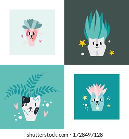 Flower pot set in the shape of white and pink cute cat with home plant in scandinavian style. Unique hand drawn nursery poster. Modern vector illustration.