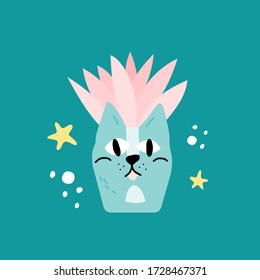 Flower pot in the shape of cat around the stars with pink succulent in scandinavian style. Unique hand drawn nursery poster. Modern vector illustration.