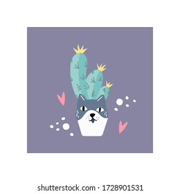 La maceta de flores en forma de gato alrededor de los corazones con cactus al estilo escandinavo. Afiche único de guardería dibujado a mano. Ilustración vectorial moderna.