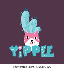 Flower pot in the shape of cat around the hearts with cactus in scandinavian style. Phrases: yippee. Unique hand drawn nursery poster. Modern vector illustration.