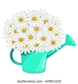 Flower pot in the shape of a watering can turquoise color with flowers daisies isolated on white background. Vector cartoon close-up illustration.