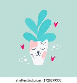 La maceta de flores en forma de gato blanco alrededor de los corazones con planta de la casa en estilo escandinavo. Afiche único de guardería dibujado a mano. Ilustración vectorial moderna.