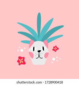Flower pot in the shape of white cat  with home plant in scandinavian style. Unique hand drawn nursery poster. Modern vector illustration.
