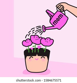 Flower Pot Shaped Smiling Girl Was Watering By Her Mom Watering Pot. Mother's Day Concept Card Character illustration