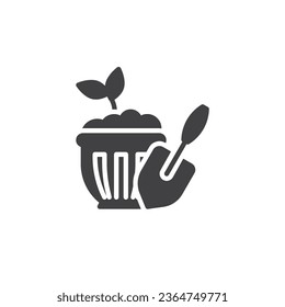 Icono vectorial de maceta y pala de flores. signo plano relleno para concepto móvil y diseño web. Icono de glifo de flores colocadas. Símbolo, ilustración del logotipo. Gráficos vectoriales