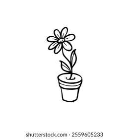 A flower pot with a flower in it is shown in a black and white drawing