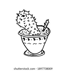 Flower in a pot. Single element. Garden plant, cactus, succulent. Home flowers. Hand-drawn. Doodle, sketch, icon. Vector illustration for seasonal design, prints. On white background.
