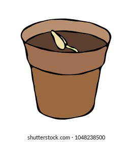 Flower Pot with Soil. Seed, Sprout and Root. Flowerpot for Sprouting Plant. Seedling. Phases of Growth of a Plant. Gardening Hobby Hand Drawn Illustration. Savoyar Doodle Style.