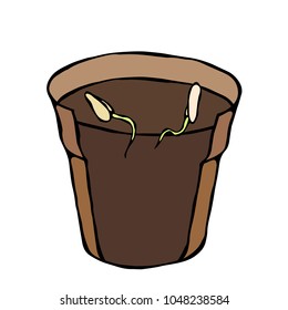 Flower Pot with Soil. Two Seed, Sprouts and Roots. Flowerpot for Sprouting Plant. Shooting Sprout Background. Gardening Hobby Hand Drawn Illustration. Savoyar Doodle Style.