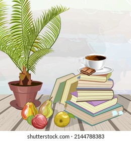 A flower in a pot and a stack of books.Vector illustration with a flower in a pot, fruits and a cup of coffee on a stack of books.