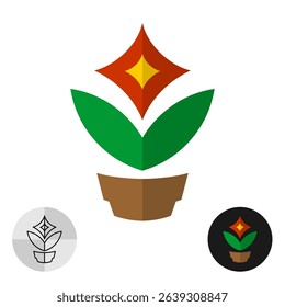 Flower in a pot stylized logo icon. Colorful red and orange blooming flower with green leaves in a brown pot home plant symbol