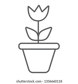 Flower in pot thin line icon, gardening and grow, plant sign, vector graphics, a linear pattern on a white background.