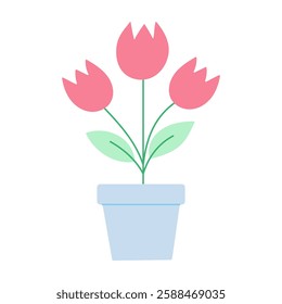 A flower pot with three pink flowers in it. The flowers are in a vase