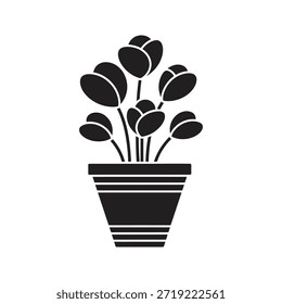 Vaso de flores tulipas ícone vetor preto sólido isolado fundo branco natureza floral decoração símbolo gráfico design ilustração