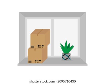 Frasco de flores y dos cajas de cartón sobre un fondo blanco
