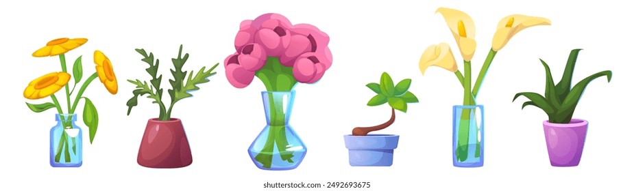 Blumentopf und Vase mit Pflanzenkarikatur-Vektorgrafik. Netter Blumentopf mit tropischem Baum und Pfingstrosenstrauß für Innenarchitektur. Frühlingsblüte und Blattfokusobjekt für Indoor-Büroregal