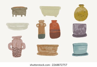 Flower pot and vase watercolor painting set vector illustration isolated on a white background.