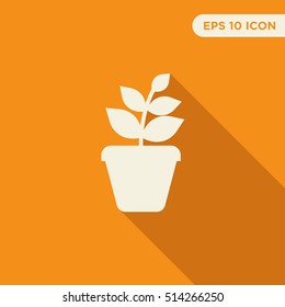 Flower pot vector icon on orange background with long shadow, isolated 