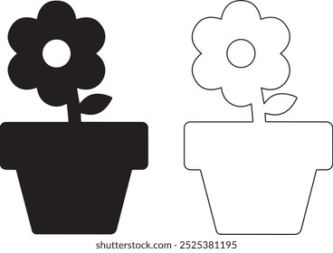 Blumentopf, Vektorsymbol und Gliederungssymbol, einfarbiger, weißer Hintergrund