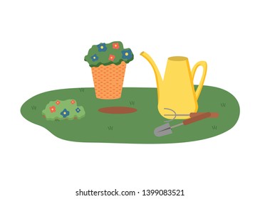 Flower in pot vector, plant growing in plastic container isolated watering can and green field with tools and bushes with flourishing and foliage