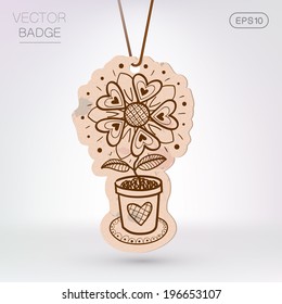 Flower in a pot. Vintage styled label. Sale banner hanging on the rope. Eps 10 vector illustration