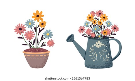 flower pot, watering can with flowers, summer, spring, flowers, Vector, For design, Isolated on white background