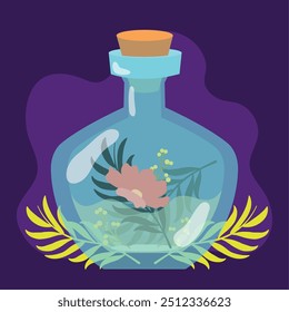 Botella de poción de flores con hojas flotantes sobre fondo púrpura oscuro Ilustración vectorial