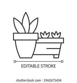 Flower pots and flower beds linear icon. Place to grow plants inside house. Gardening equipment. Thin line customizable illustration. Contour symbol. Vector isolated outline drawing. Editable stroke