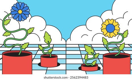 Flower pots with blue and yellow flower with a bright sky cartoon hand drawn vector illustration