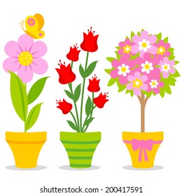 Flower pots with colorful flowers. Vector illustration