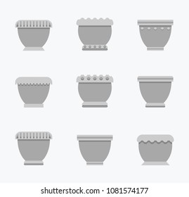 Flower pots with curved top, decorated containers for plants, collection of vases grey color, set vector illustration isolated on white background
