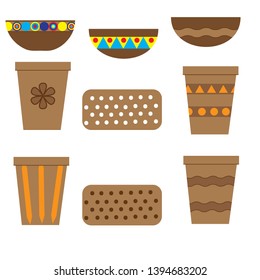Flower pots for flowers and other plants, ceramic and plastic, geometric. Vector illustration.