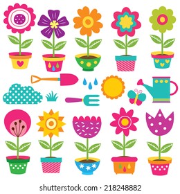 flower pots and gardening tools clip art set