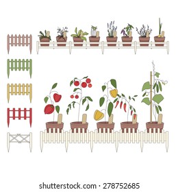 Cacerolas de flores con hierbas y verduras. Valla decorativa. Plantas que crecen en las ventanas y en el balcón