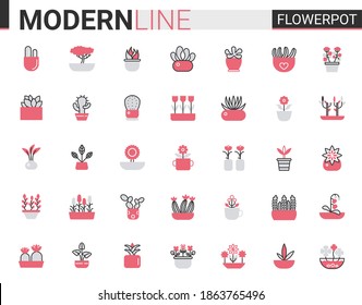 Flower pots for home garden flat thin red black line icon vector illustration set. Flowerpots outline pictogram gardening decoration symbols, linear florist decor collection with potted plants or tree